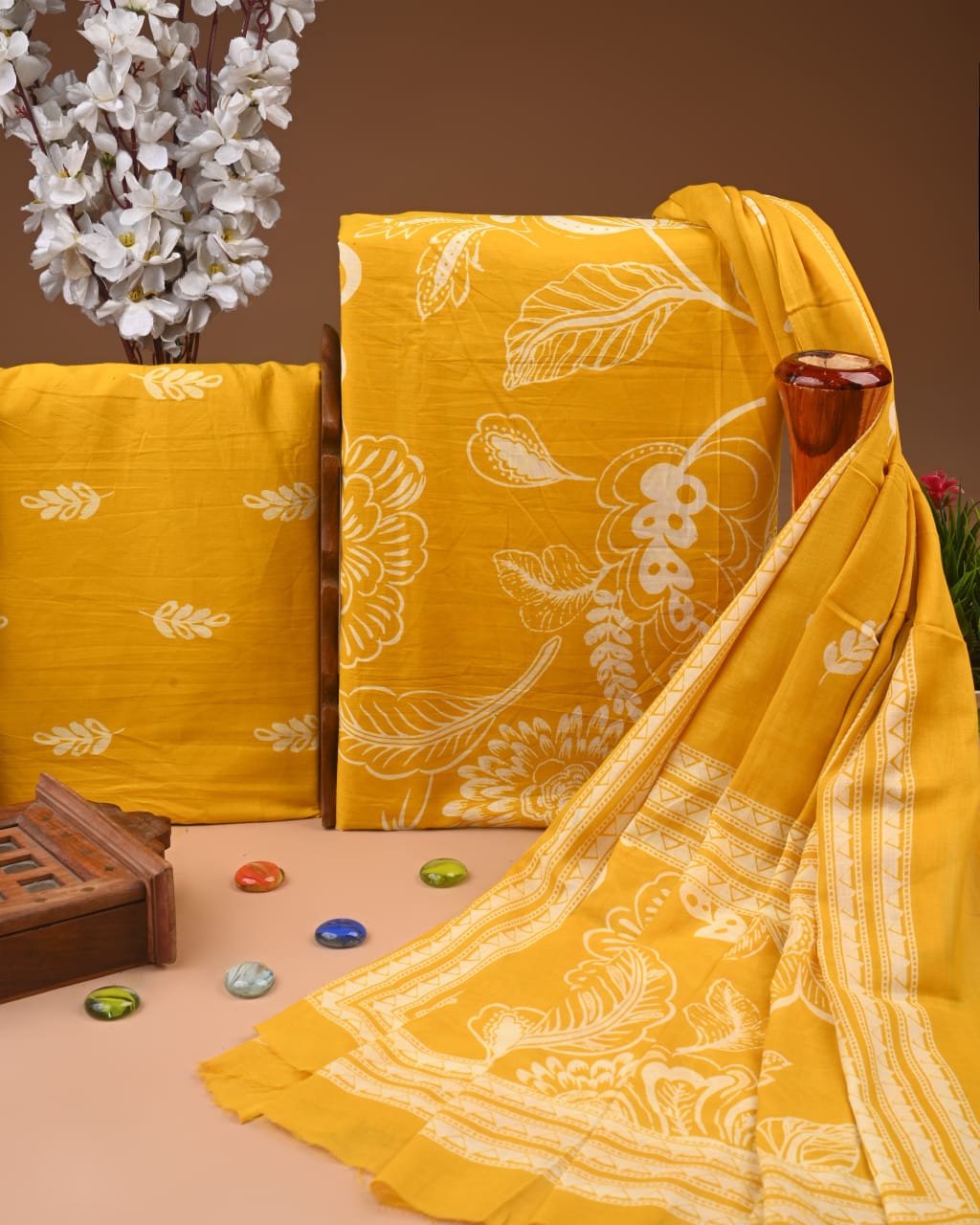 Designer Hand Block Printed Cotton Suit Set With Cotton Dupatta