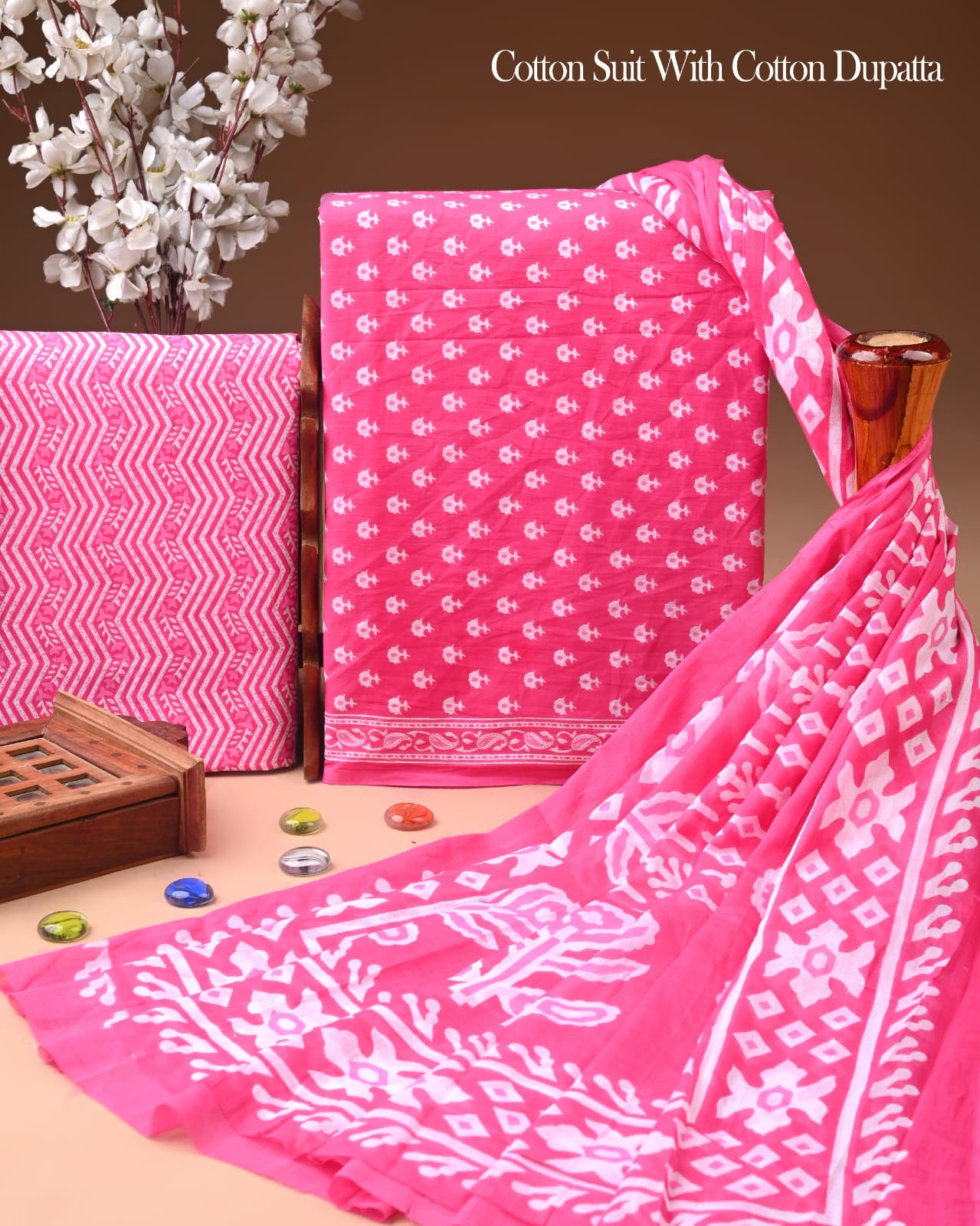 Pure Soft Cotton Hand Block Printed Suit Set With Cotton Dupatta