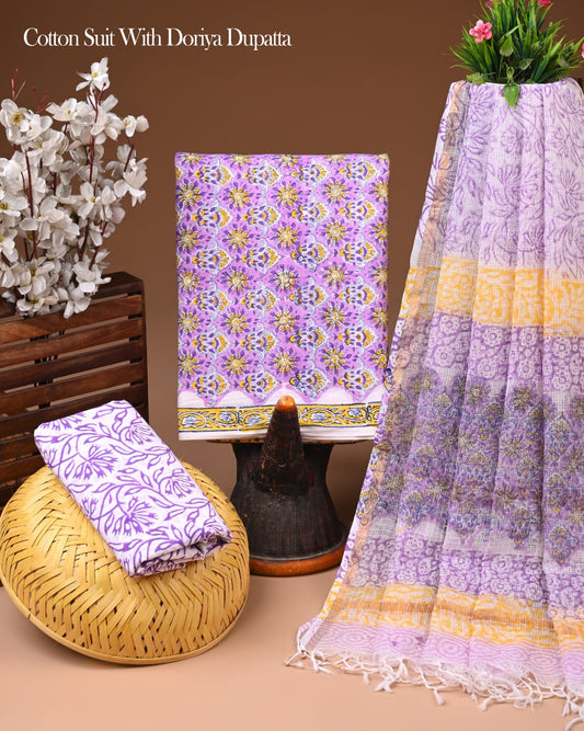 Pure Cotton Hand Block Printed Suit Set With Kota Doria Dupatta
