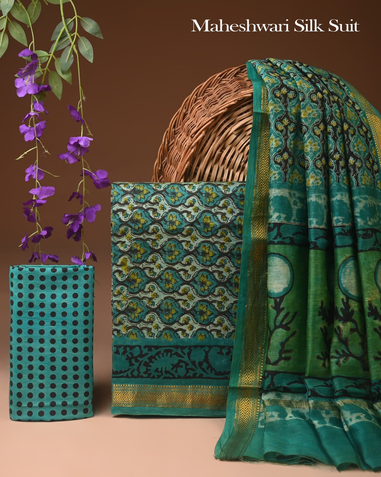 Premium Designer Handblock Printed Maheshwari Silk Suit Set
