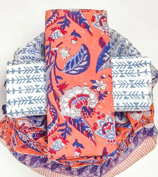 Pure Cotton Hand Block Printed Suit Set With Chiffon Dupatta