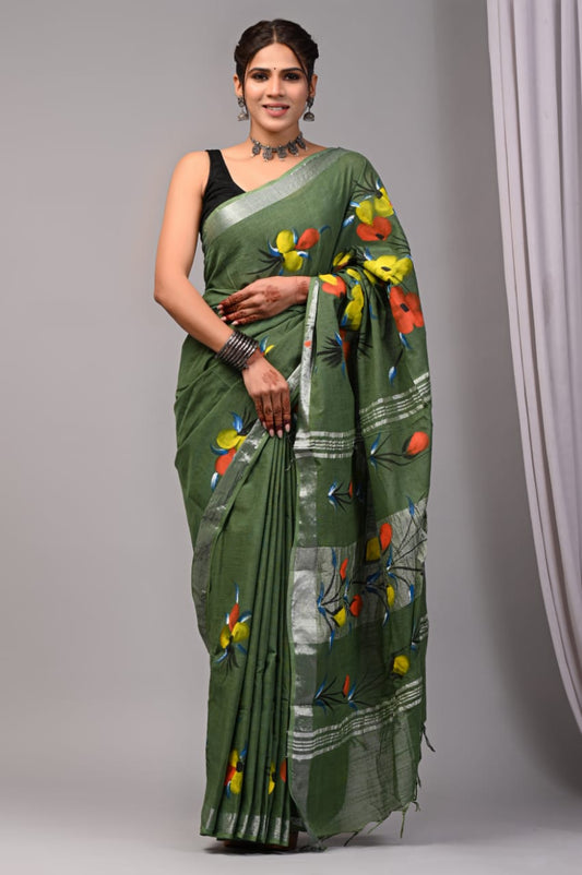 Pure Cotton Linen Handblock Printed Saree With Blouse