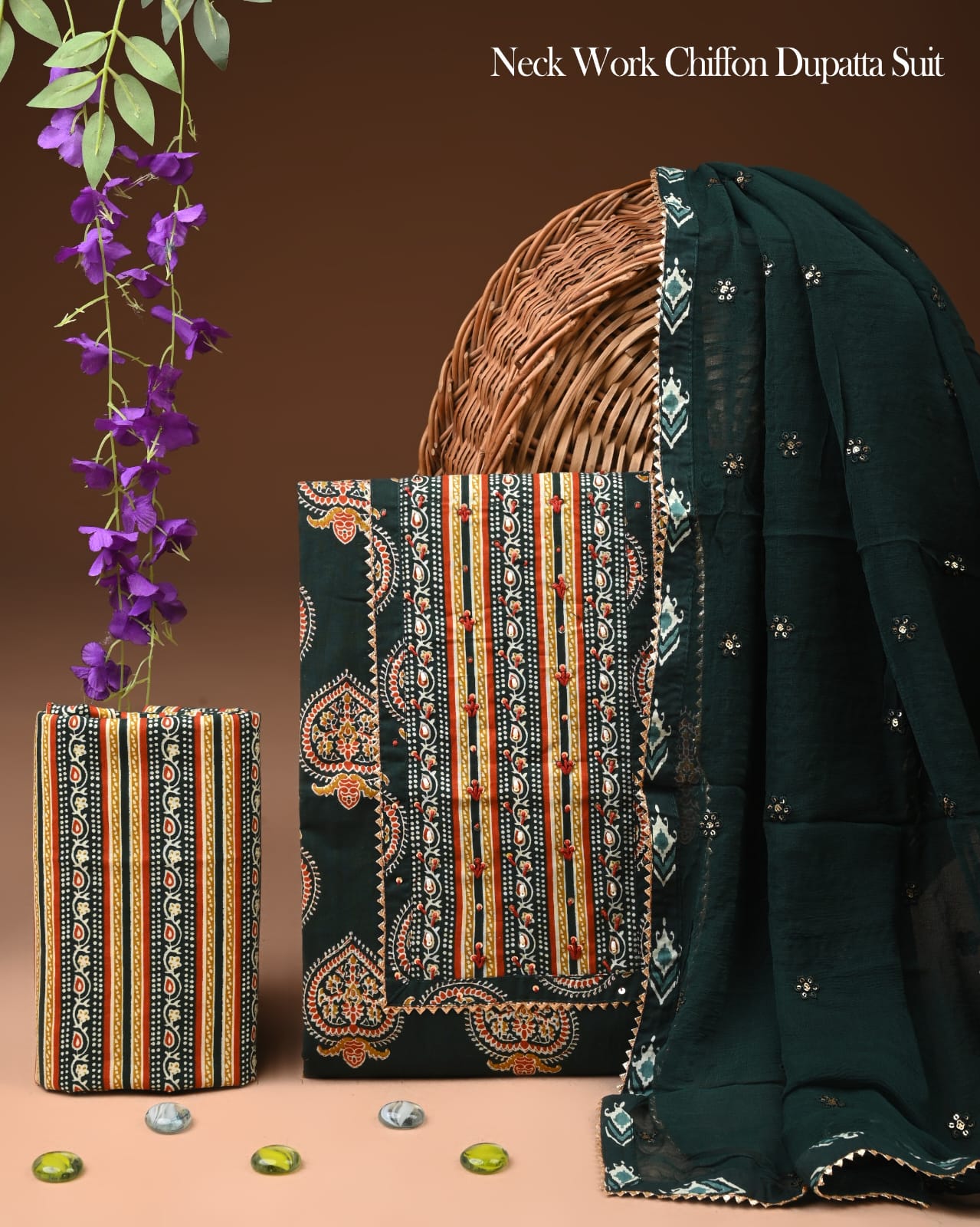 Premium Gota Patti Work Cotton Suit Set With Chiffon Dupatta