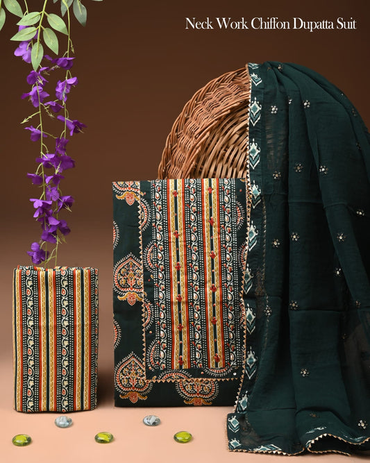 Premium Gota Patti Work Cotton Suit Set With Chiffon Dupatta