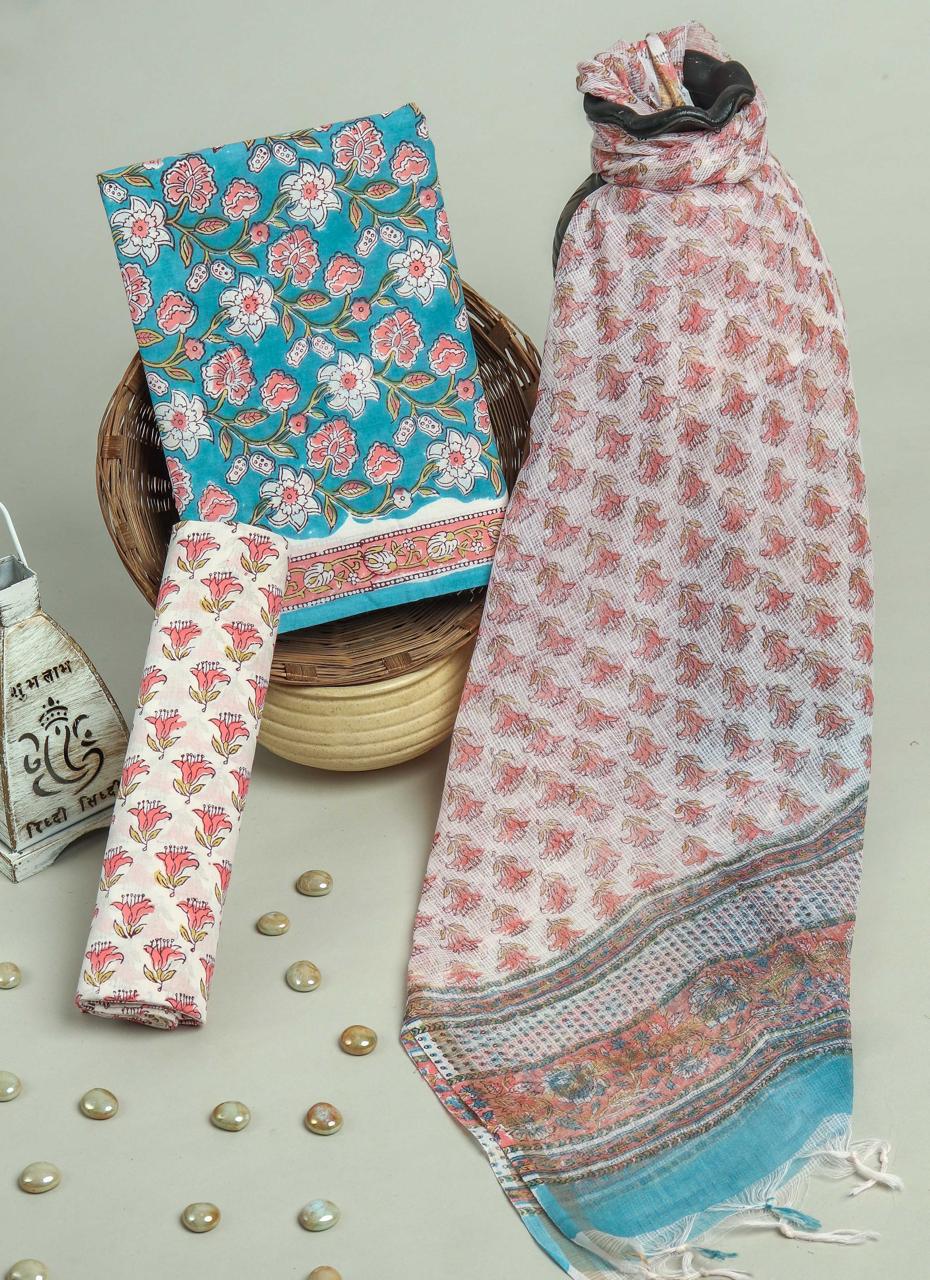 Pure Cotton Hand Block Printed Suit Set With Kota Doria Dupatta