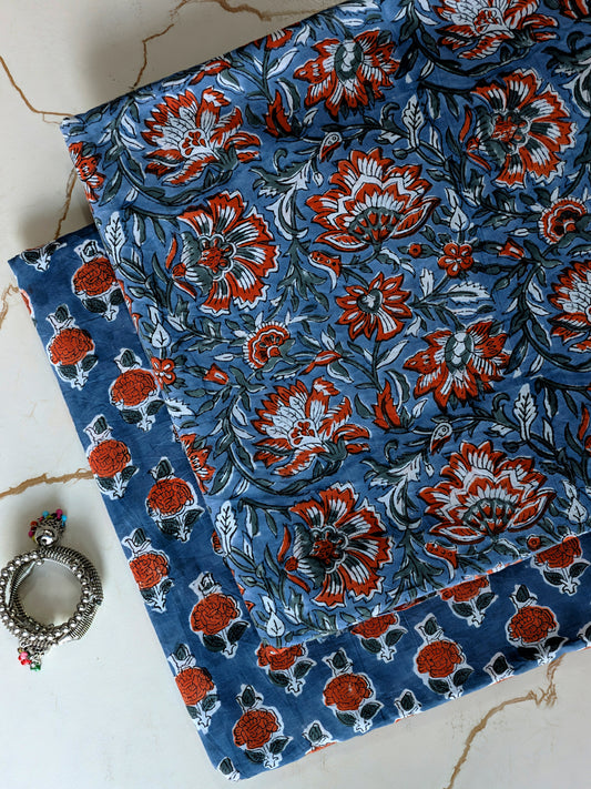 Pure Soft Cotton Sanganeri Handblock Printed 2PC Top-Bottom Suit Set (2.50 Meter Each)