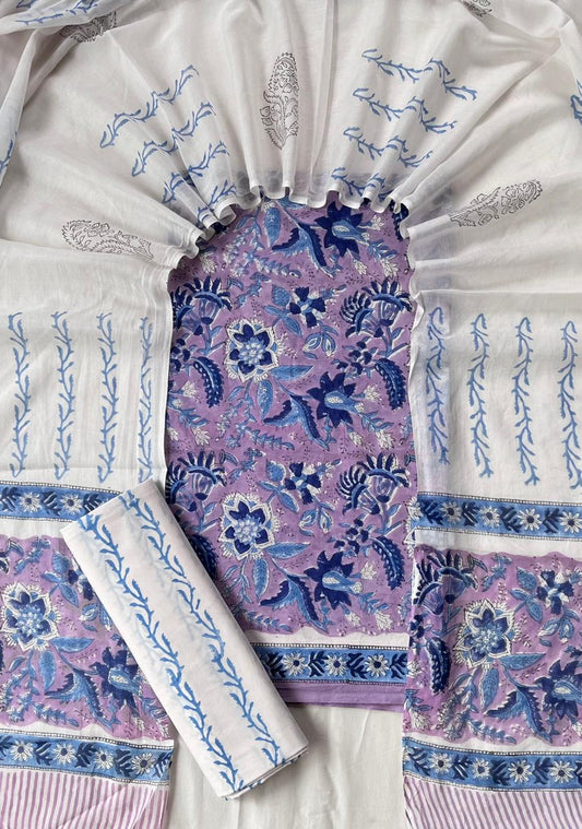 Pure Soft Cotton Hand Block Printed Suit Set With Cotton Dupatta