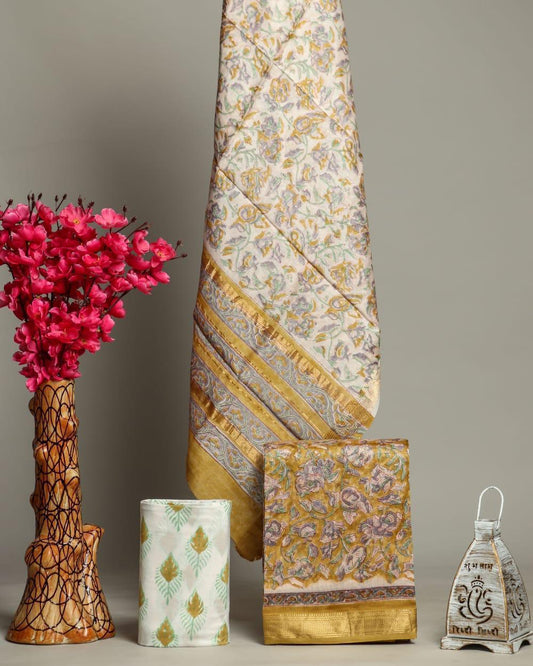 Designer Handblock Printed Maheshwari Silk Suit Set