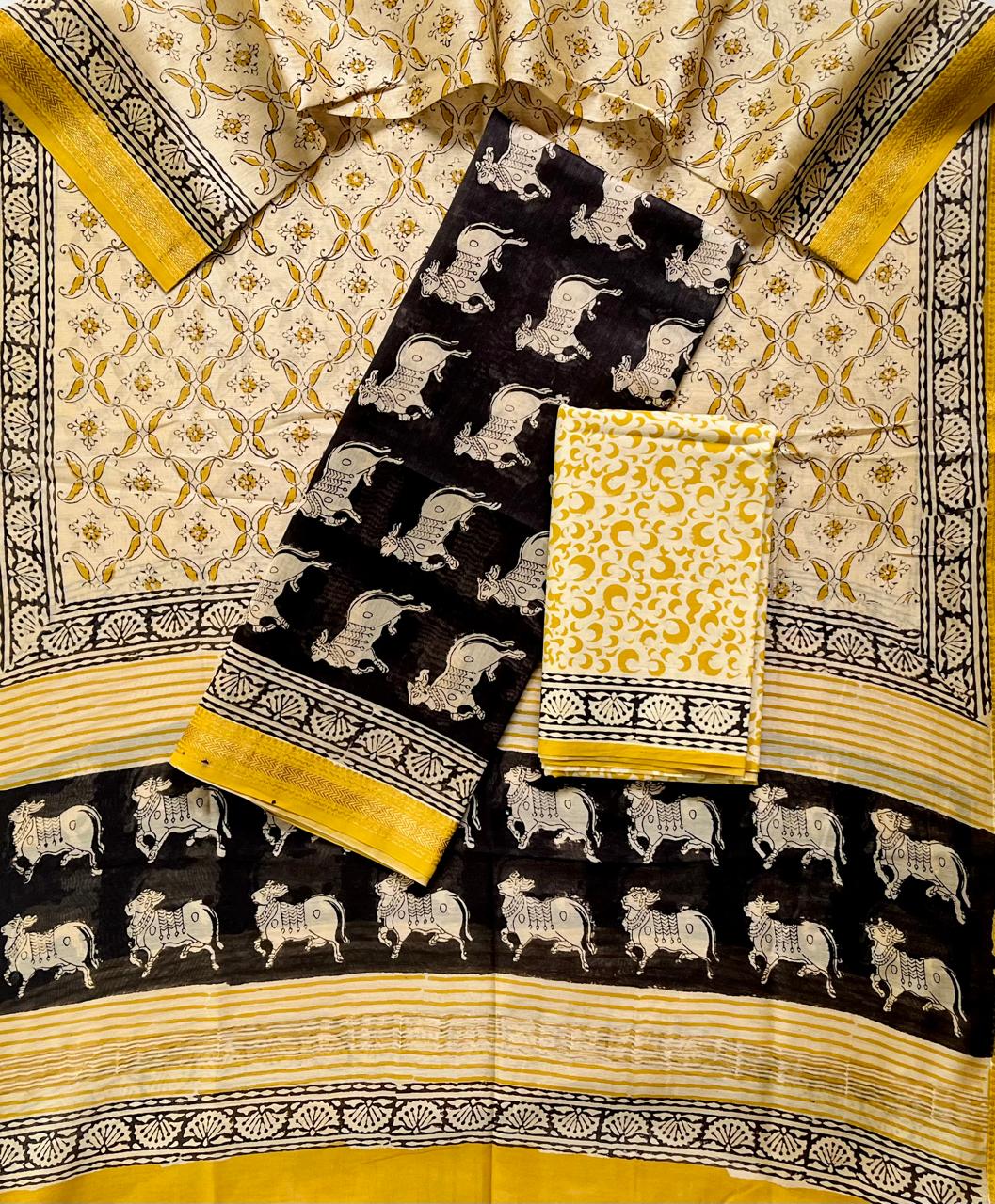 Premium Designer Handblock Printed Maheshwari Silk Suit Set