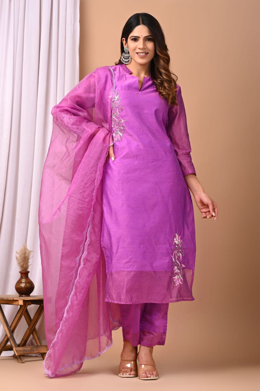 Elegant Coral Chanderi Silk Hand-Embroidered Suit Set with Dupatta