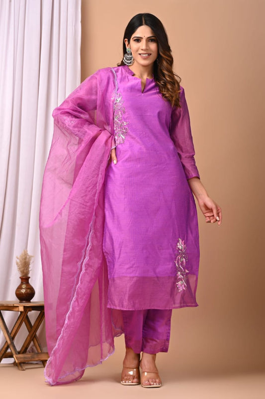 Elegant Coral Chanderi Silk Hand-Embroidered Suit Set with Dupatta