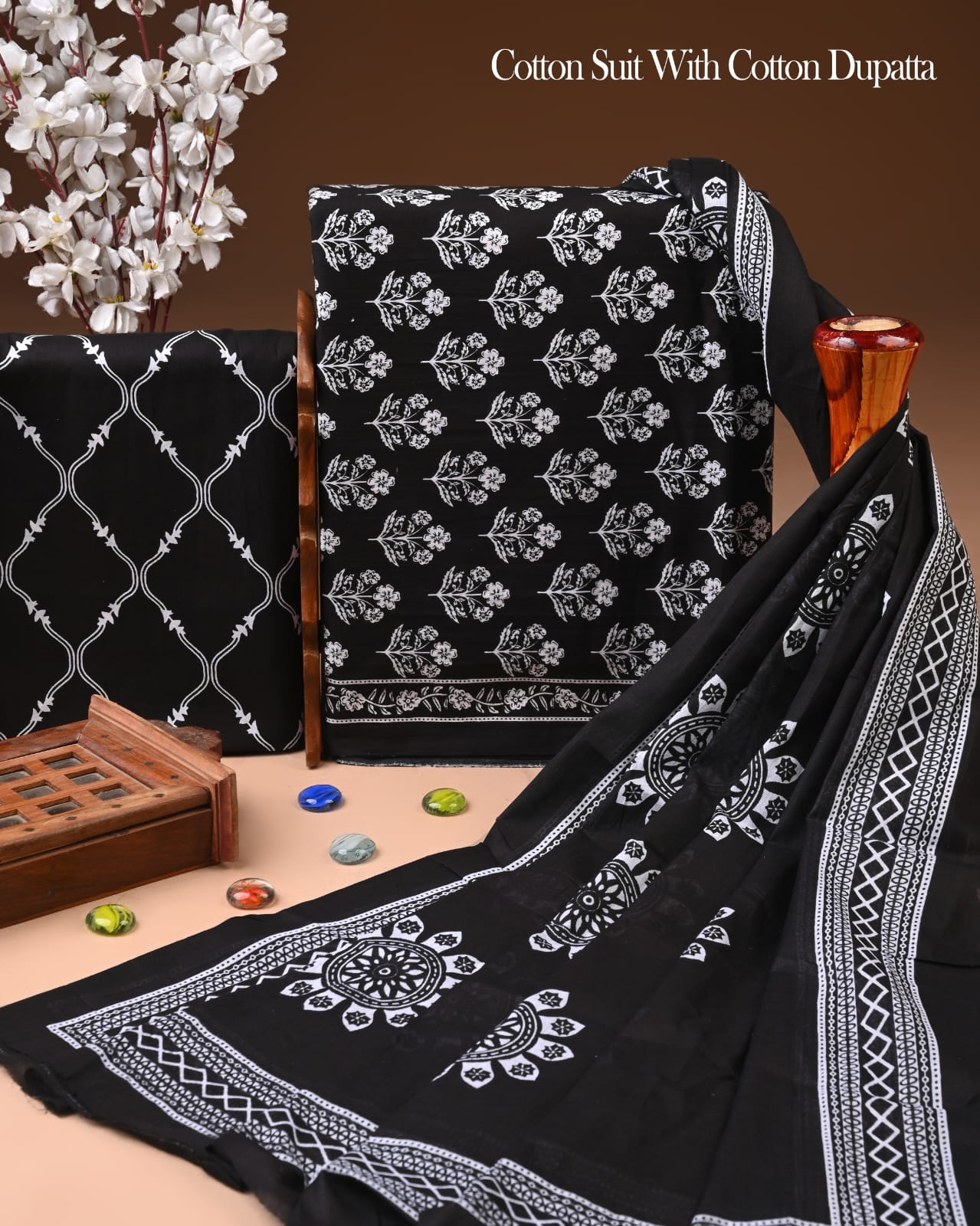 Designer Hand Block Printed Cotton Suit Set With Cotton Dupatta