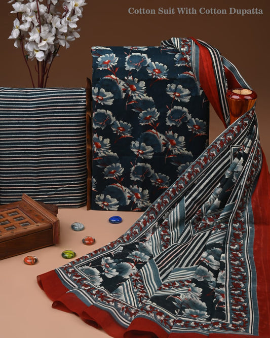 Designer Hand Block Printed Cotton Suit Set With Cotton Dupatta
