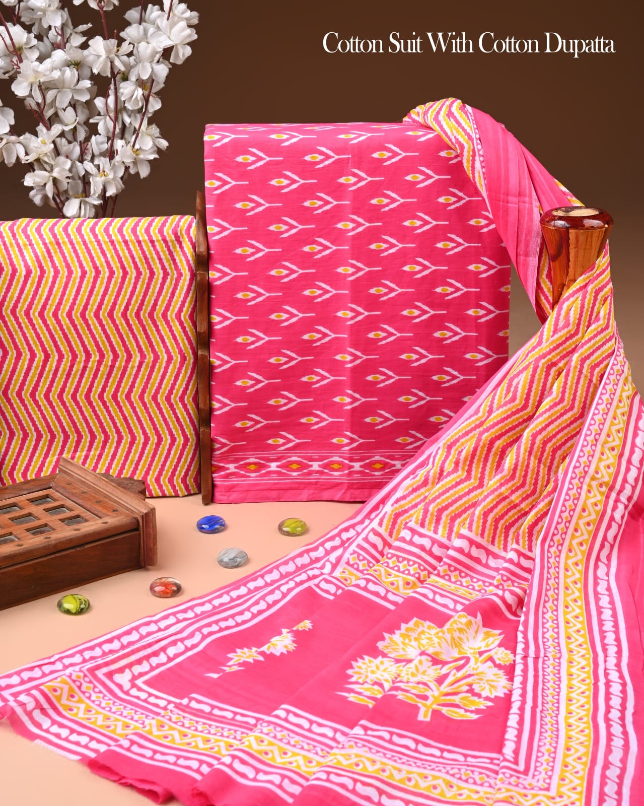 Designer Hand Block Printed Cotton Suit Set With Cotton Dupatta