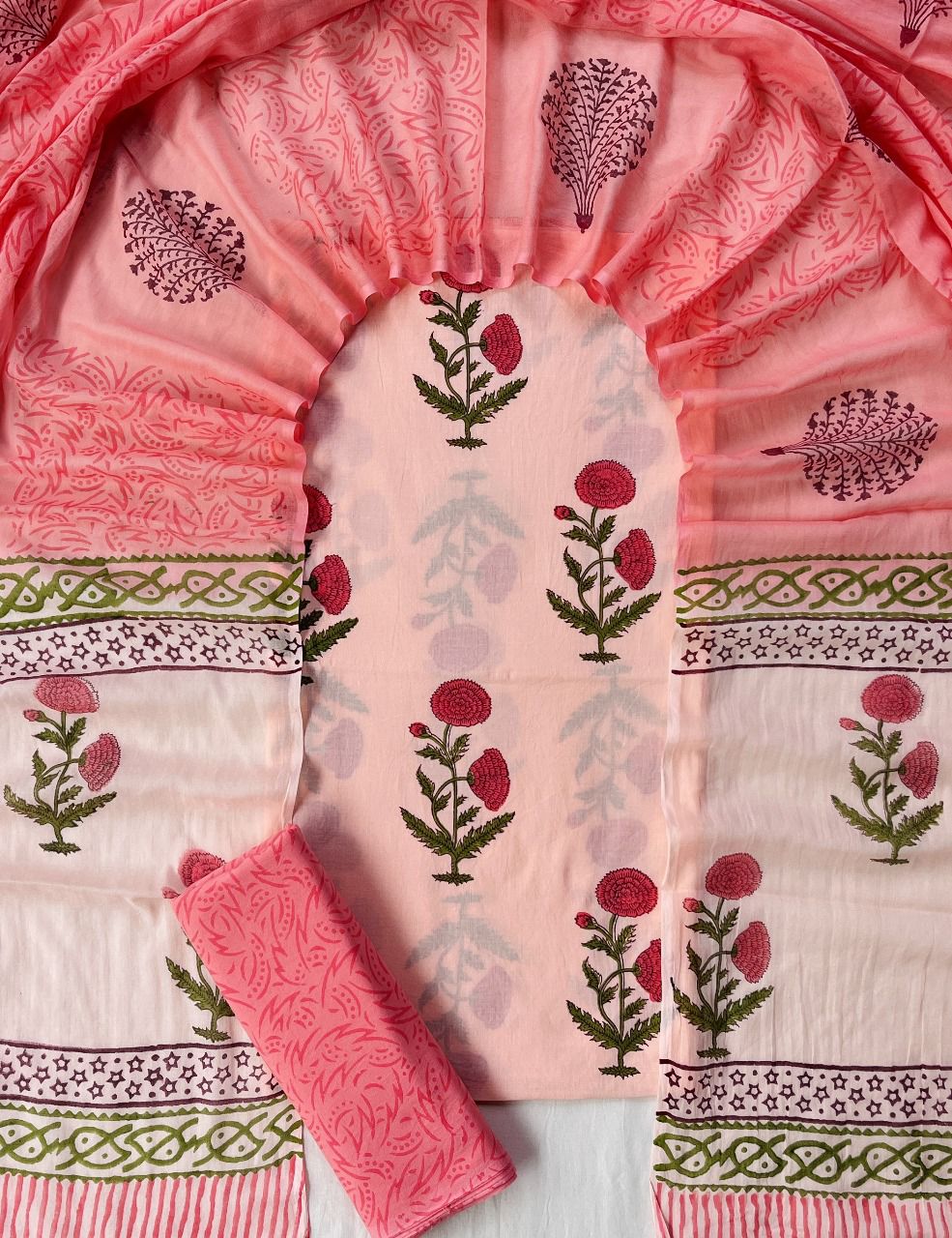 Pure Soft Cotton Hand Block Printed Suit Set With Cotton Dupatta