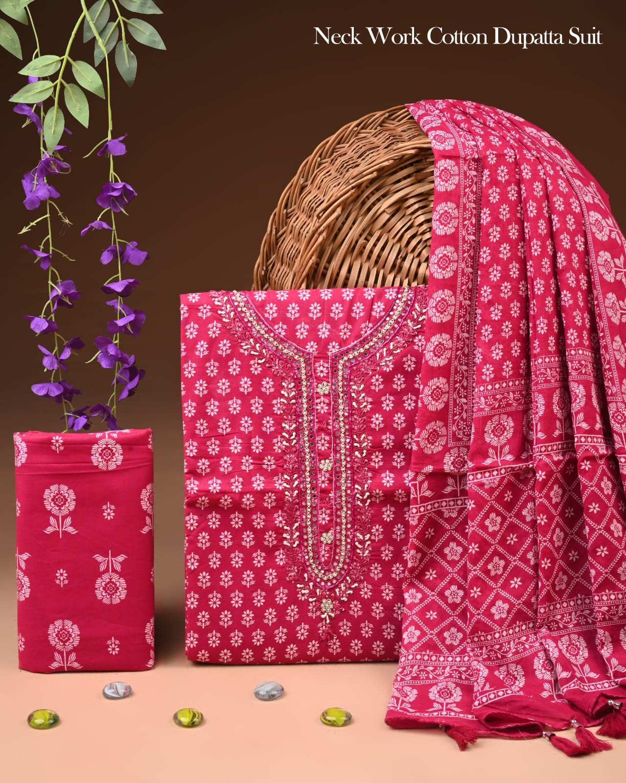 Premium Gota Patti Work Cotton Suit Set With Chiffon Dupatta