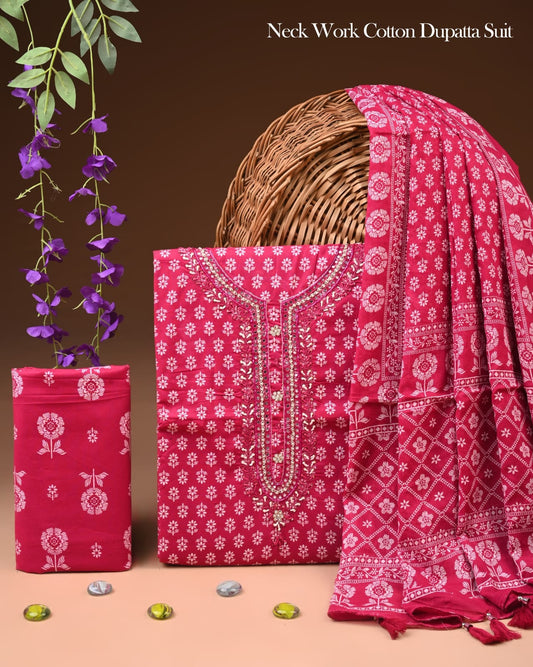 Premium Gota Patti Work Cotton Suit Set With Chiffon Dupatta