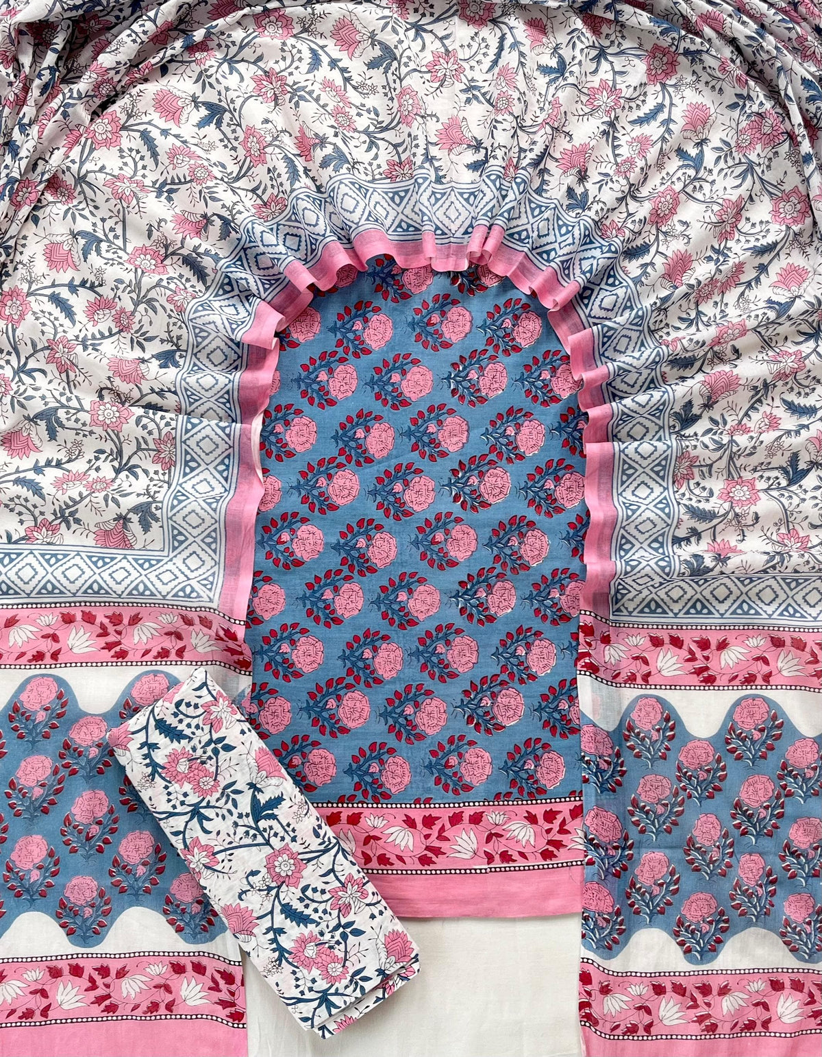 Pure Soft Cotton Hand Block Printed Suit Set With Cotton Dupatta