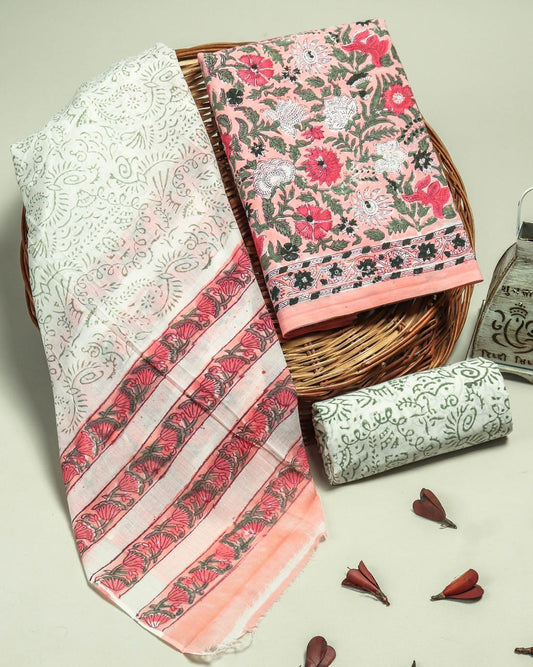Designer Hand Block Printed Cotton Suit Set With Cotton Dupatta