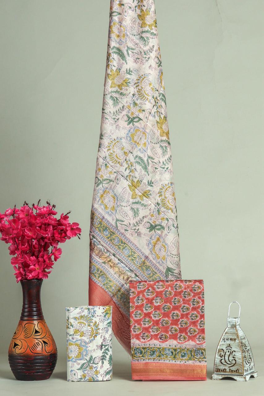 Premium Designer Handblock Printed Maheshwari Silk Suit Set