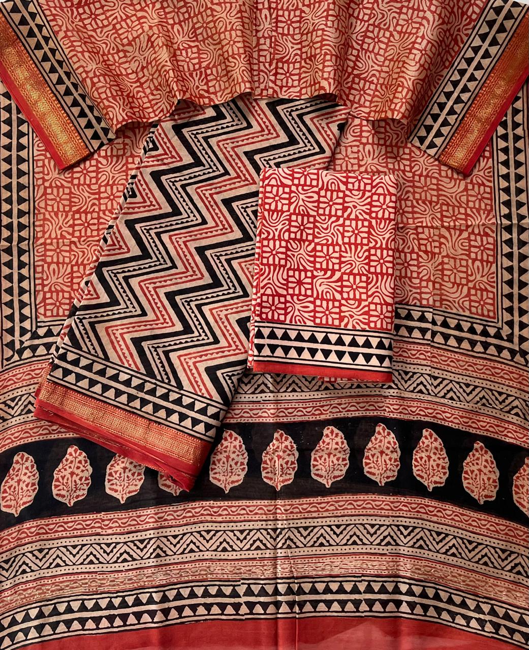 Premium Designer Handblock Printed Maheshwari Silk Suit Set
