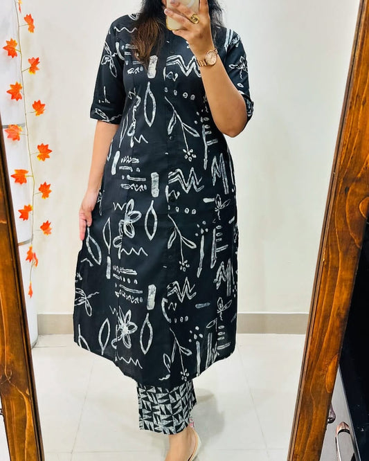 Premium Floral Fine Cotton Printed A-Line Pattern Kurti-Palazzo Set