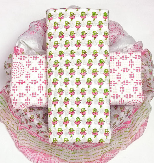 Pure Cotton Hand Block Printed Suit Set With Chiffon Dupatta
