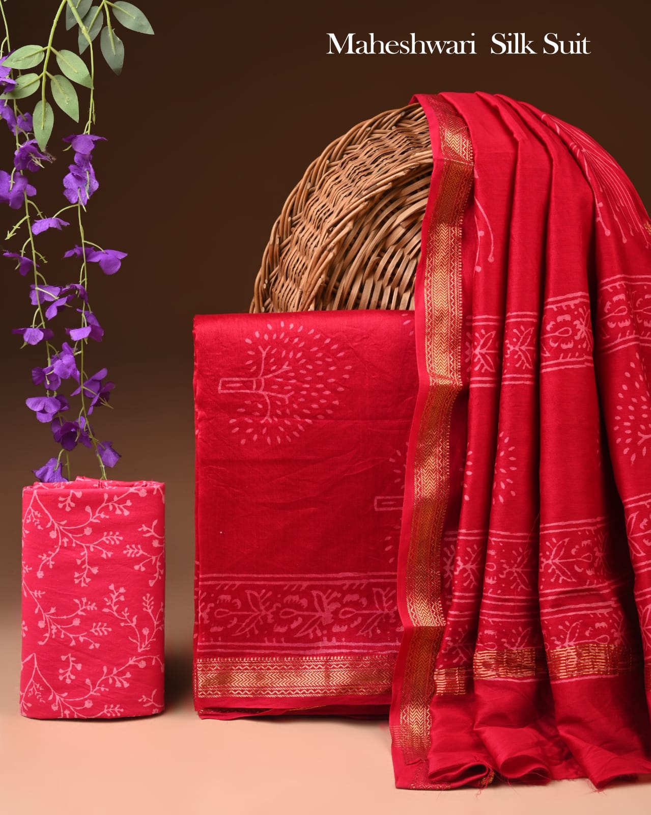 Premium Designer Handblock Printed Maheshwari Silk Suit Set