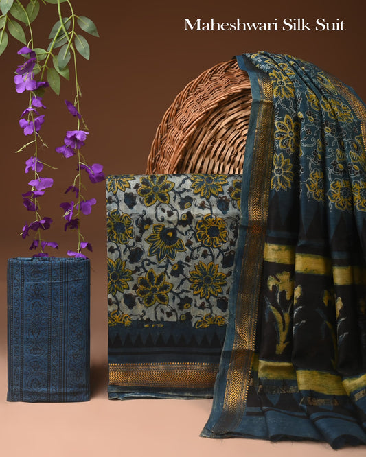 Premium Designer Handblock Printed Maheshwari Silk Suit Set