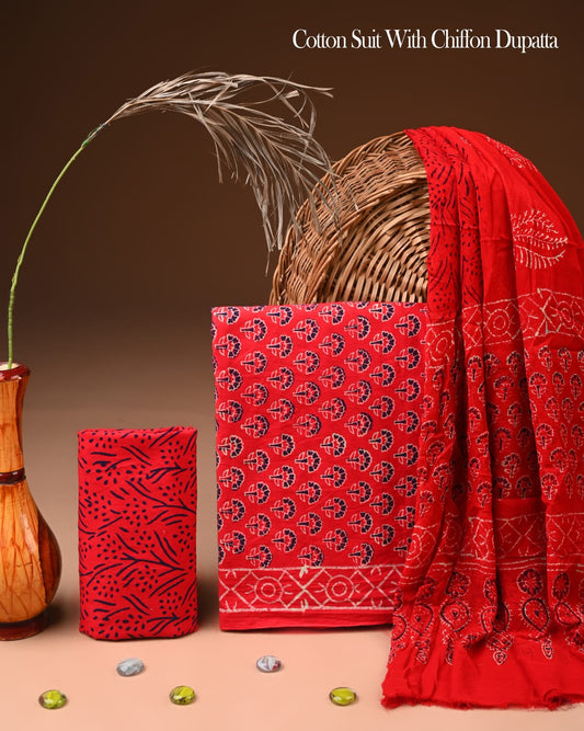 Pure Cotton Hand Block Printed Suit Set With Chiffon Dupatta