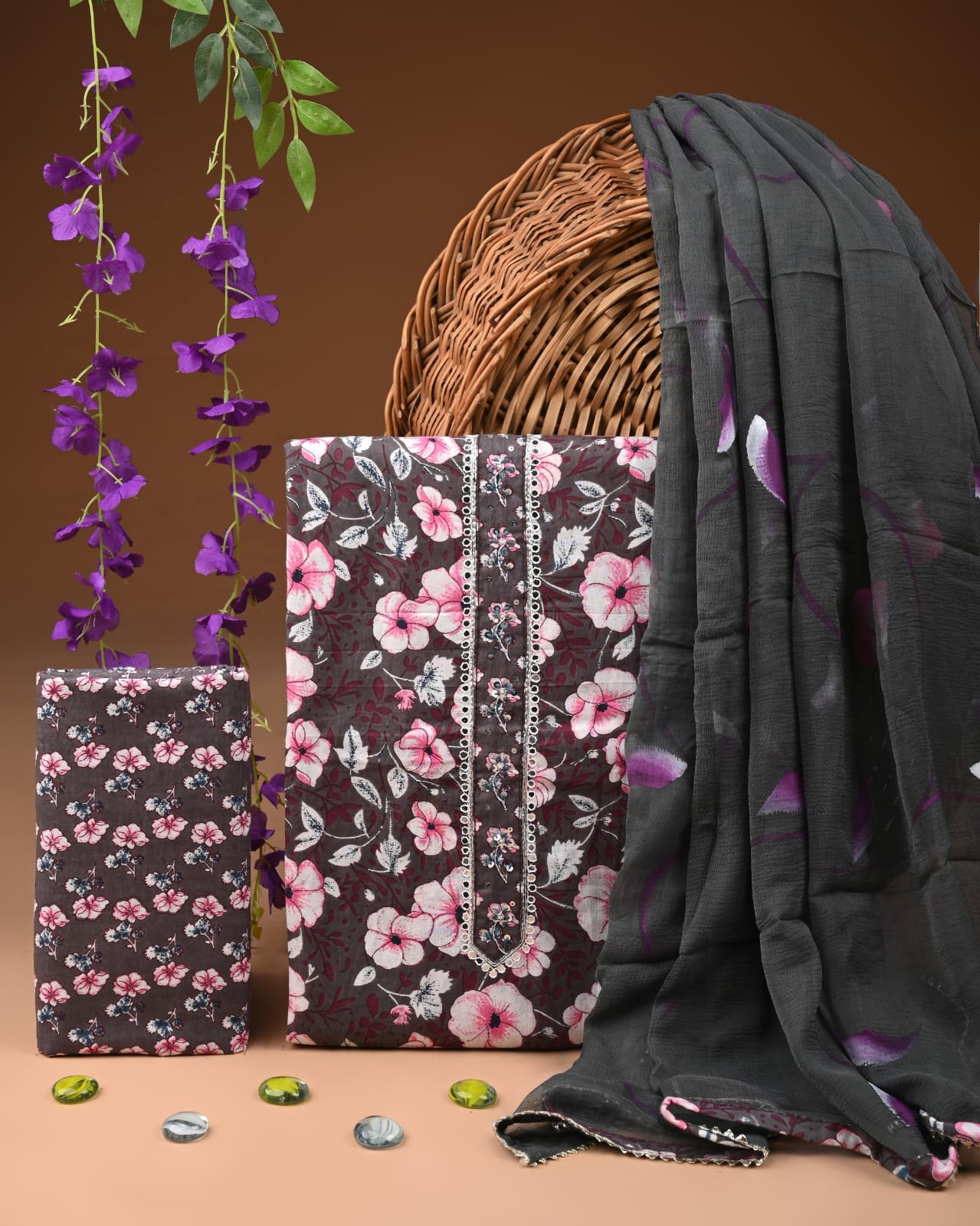 Premium Gota Patti Work Cotton Suit Set With Chiffon Dupatta