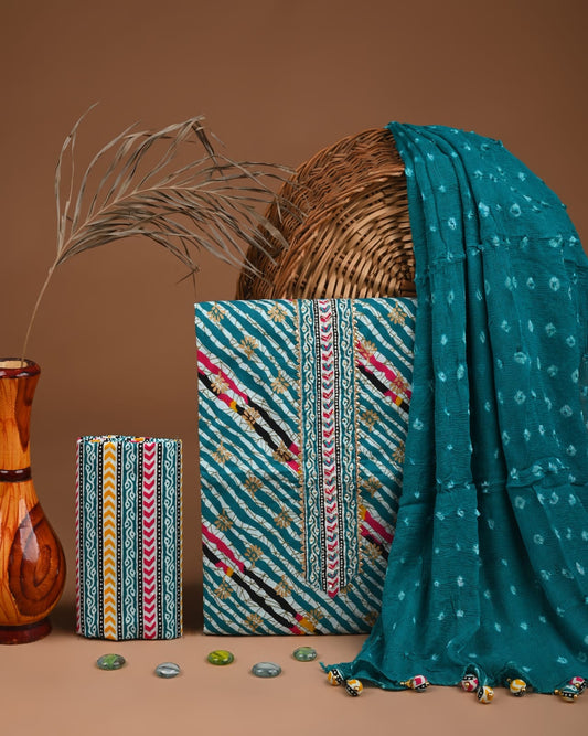 Premium Gota Patti Work Cotton Suit Set With Chiffon Dupatta
