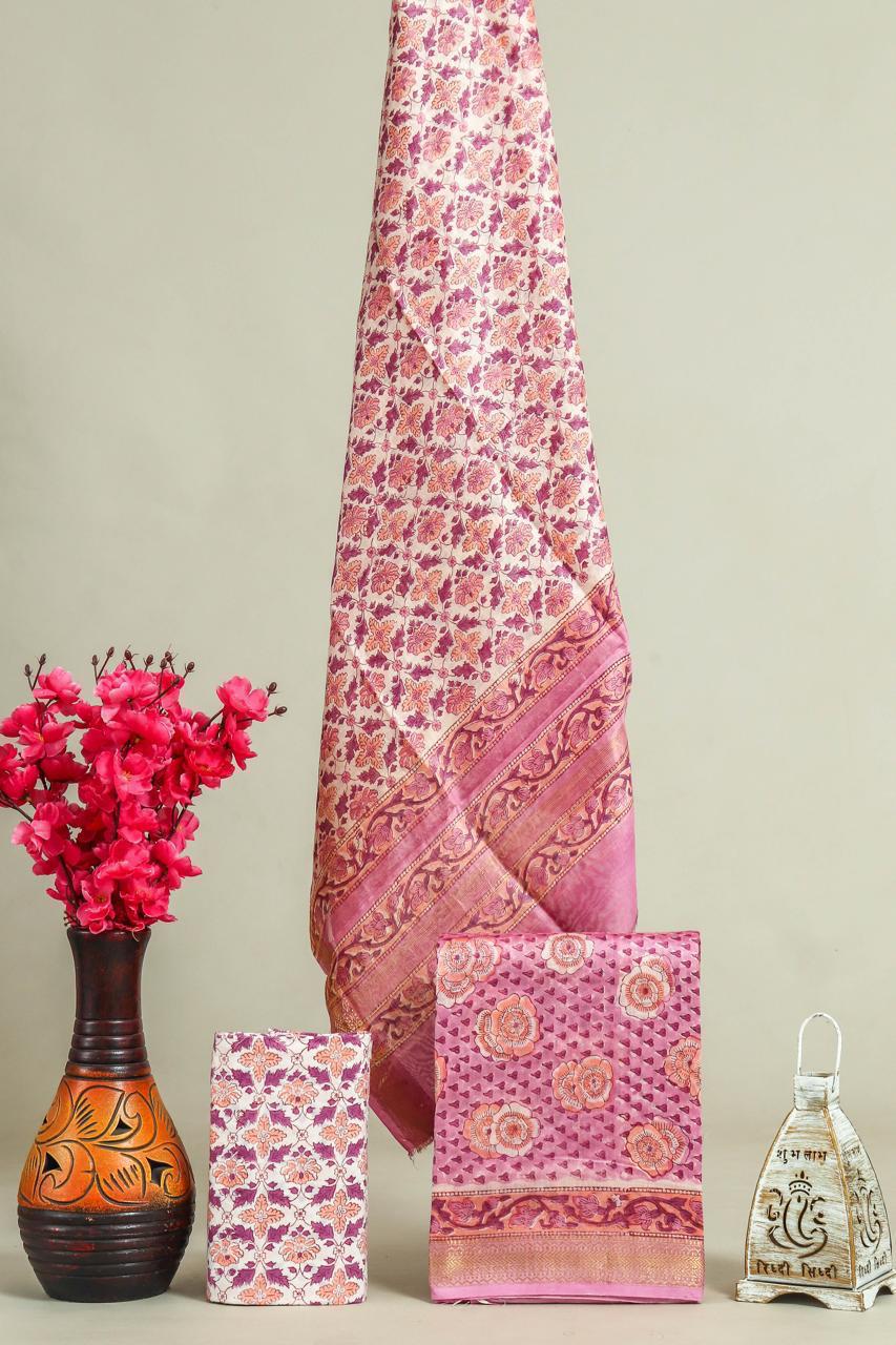 Designer Handblock Printed Maheshwari Silk Suit Set