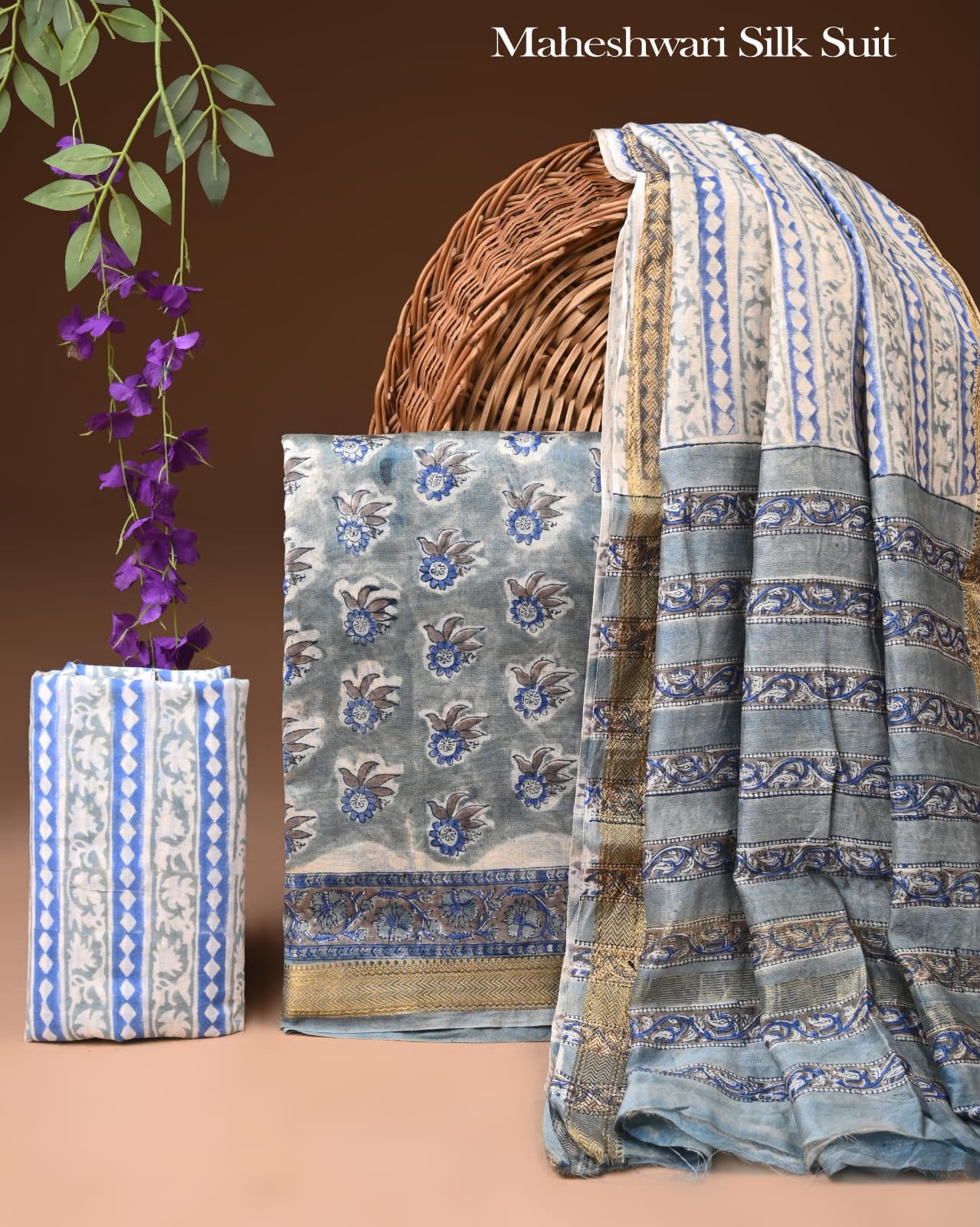 Premium Designer Handblock Printed Maheshwari Silk Suit Set