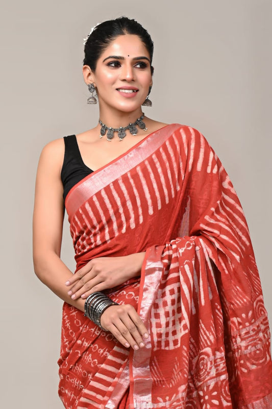 Pure Cotton Linen Handblock Printed Saree With Blouse
