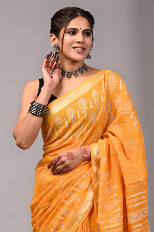 Pure Cotton Linen Handblock Printed Saree With Blouse
