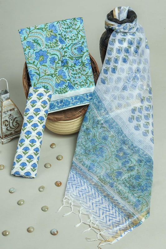 Pure Cotton Hand Block Printed Suit Set With Kota Doria Dupatta