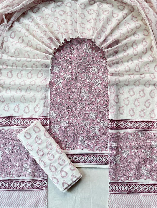 Pure Soft Cotton Hand Block Printed Suit Set With Cotton Dupatta
