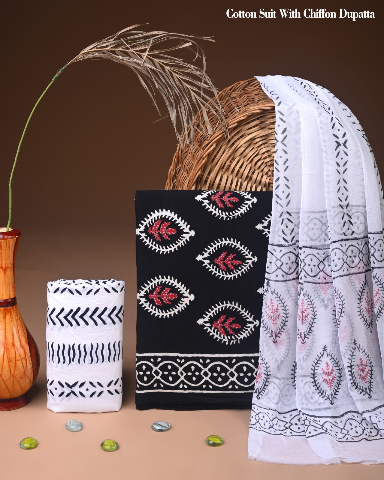 Pure Cotton Hand Block Printed Suit Set With Chiffon Dupatta
