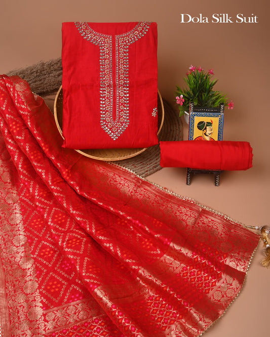 Premium Heavy Neck Work Dola Silk Suit Set