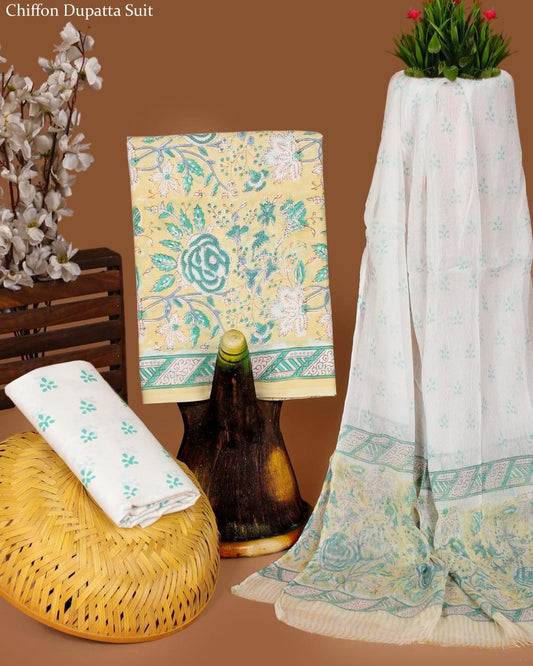 Pure Cotton Hand Block Printed Suit Set With Chiffon Dupatta
