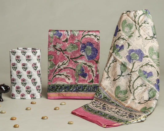 Designer Handblock Printed Chanderi Silk Suit Set