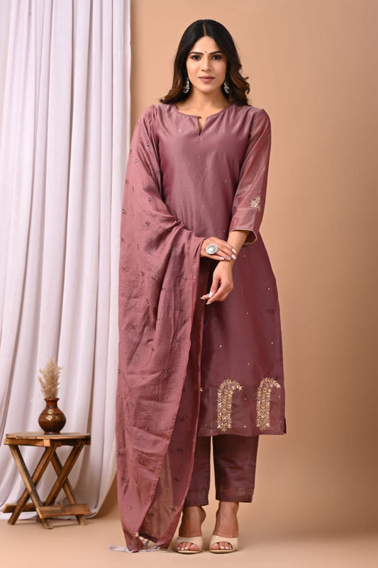 Elegant Coral Chanderi Silk Hand-Embroidered Suit Set with Dupatta