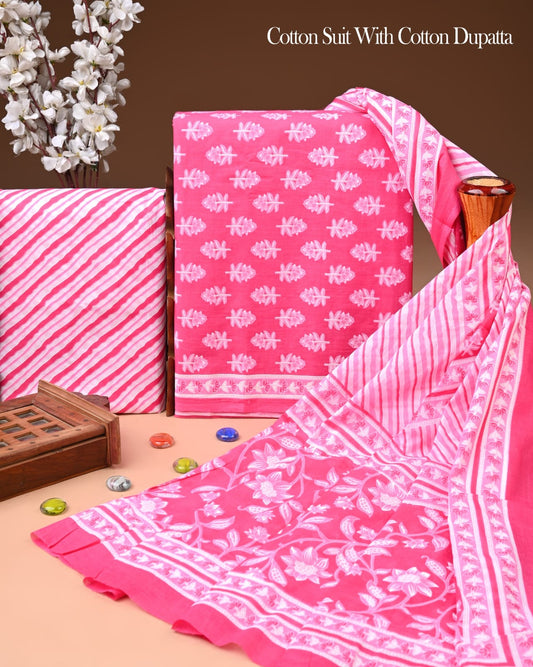 Pure Soft Cotton Hand Block Printed Suit Set With Cotton Dupatta