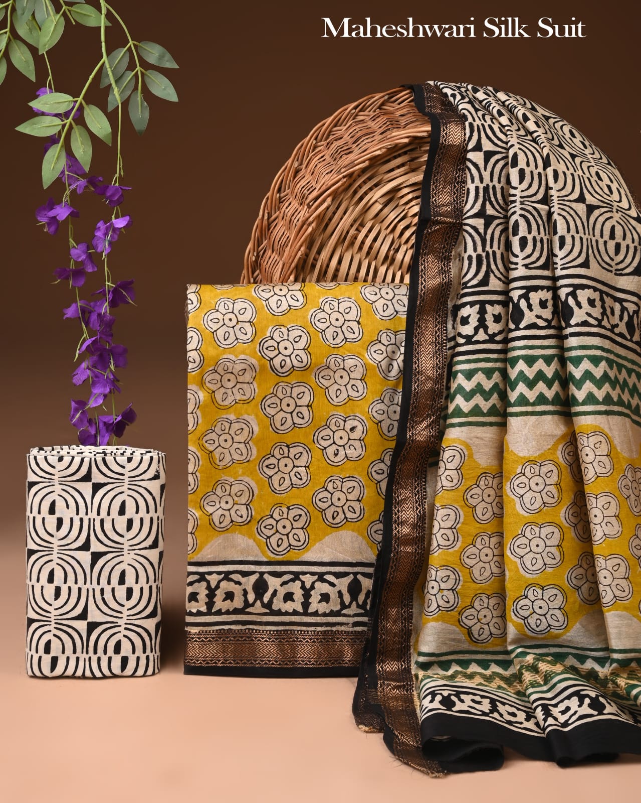 Premium Designer Handblock Printed Maheshwari Silk Suit Set