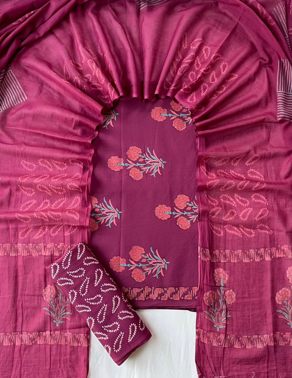Pure Soft Cotton Hand Block Printed Suit Set With Cotton Dupatta