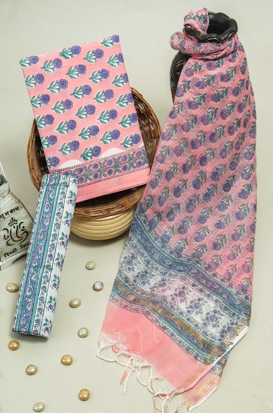Pure Cotton Hand Block Printed Suit Set With Kota Doria Dupatta