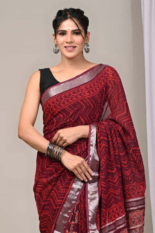 Pure Cotton Linen Handblock Printed Saree With Blouse