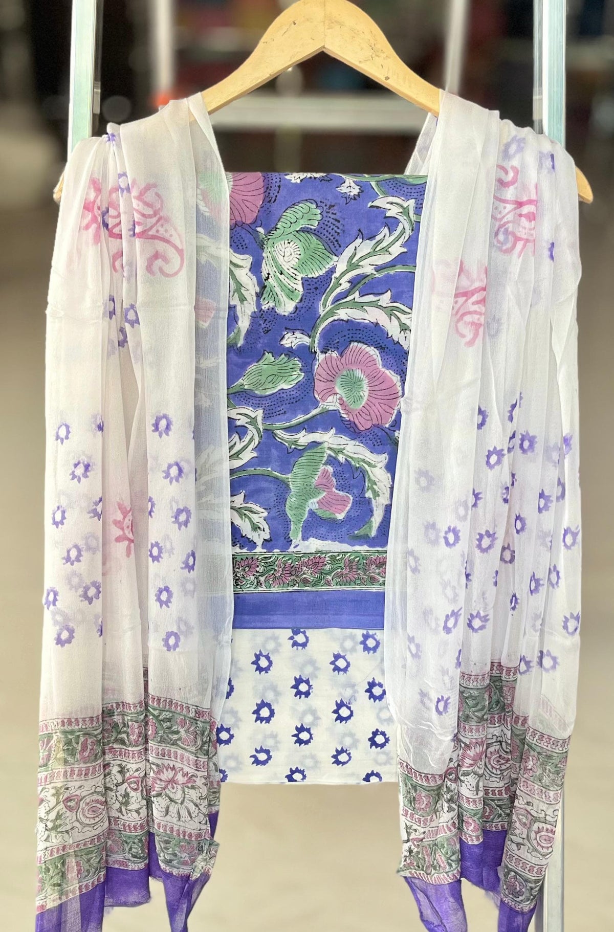 Pure Cotton Hand Block Printed Suit Set With Chiffon Dupatta