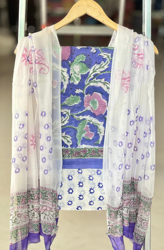 Pure Cotton Hand Block Printed Suit Set With Chiffon Dupatta